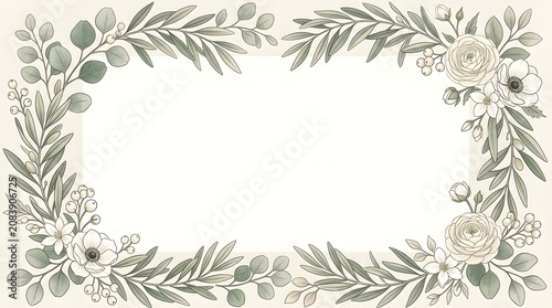 A beautiful horizontal botanical frame with hand-drawn roses, eucalyptus, and berries, featuring a central blank area for text, ideal for wedding or event stationery.