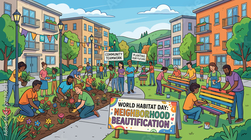Canvastavla Diverse community members working together for World Habitat Day neighborhood beautification project in urban park