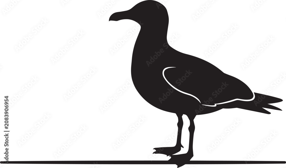 Obraz premium Seagull Bird Silhouette Standing on a Ledge for Coastal, Beach, and Wildlife Nature Themed Vector Designs