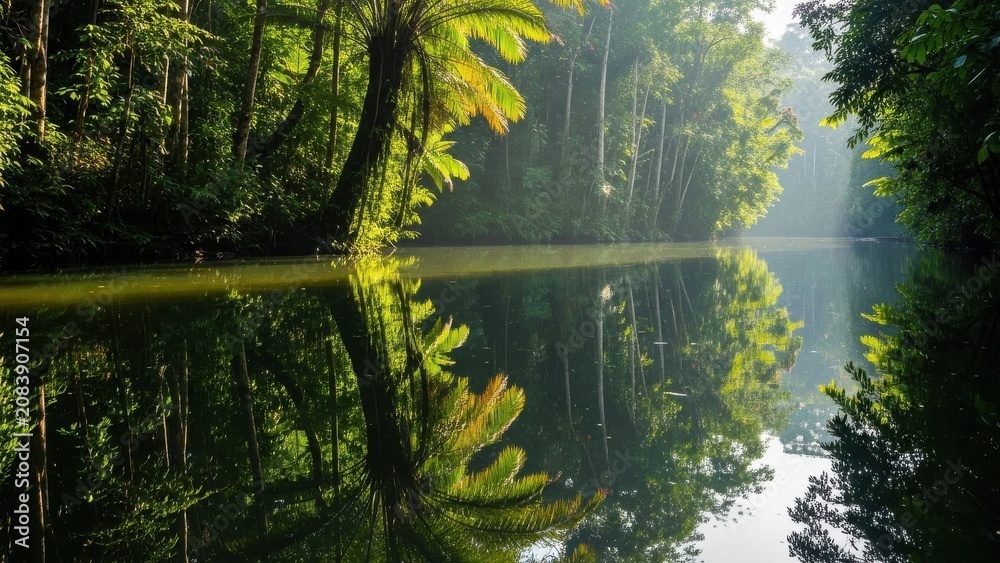 Fototapeta premium Lush Tropical Rainforest Reflection in Still Water