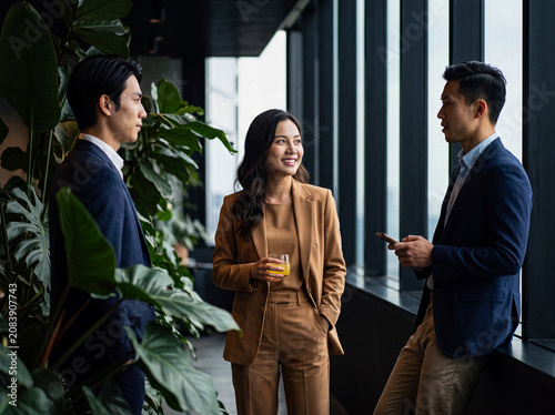 Photos Diverse business professionals engaging in friendly conversation in a modern, plant-filled office lobby environment