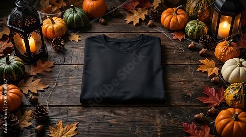 Black t-shirt mockup on rustic wooden background with autumn pumpkins, fall leaves, and vintage lanterns for cozy seasonal display