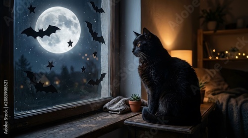 Black cat sitting on wooden windowsill at night, gazing at full moon with flying bats silhouetted against dark sky