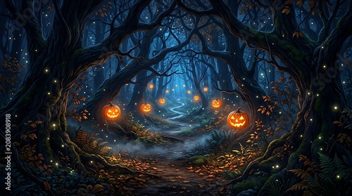 Mystical Halloween forest path illuminated by glowing jack o lanterns under a dark starry sky with magical fireflies