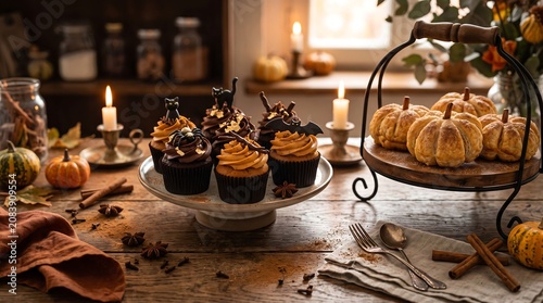 Cozy rustic kitchen scene with Halloween cupcakes, mini pumpkin pies, and autumn decorations on a wooden table with warm candlelight