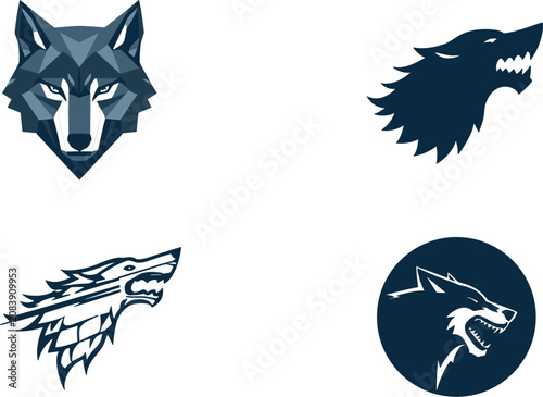 Konstfotografi Dark Blue Geometric and Heraldic Wolf Head Logo Vector Set with Polygon Growling