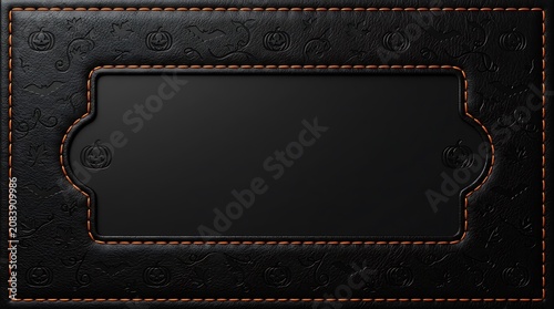 Elegant black leather texture with stitched orange border frame, perfect for Halloween coupon or vintage design background