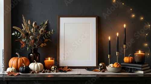 Cozy autumn Halloween mantel scene with white frame, pumpkins, candles, dried flowers, and warm lighting on dark wall