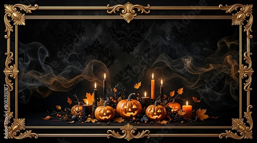 Dark Halloween scene with carved pumpkins, glowing candles, and ornate golden frame on a smoky black background for spooky celebrations