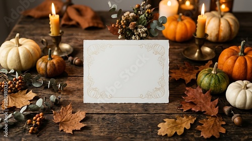 Blank autumn discount card mockup on rustic wooden table with pumpkins, candles, and fall leaves for seasonal promotion