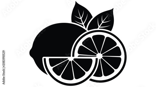 Foto Citrus fruit collection silhouette icon set including whole lemon and sliced orange pieces with fresh green leaves isolated on transparent ground