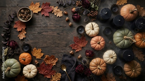Flat lay of autumn pumpkins, gourds, dried leaves, and spices on a dark wooden surface for Halloween or fall harvest display
