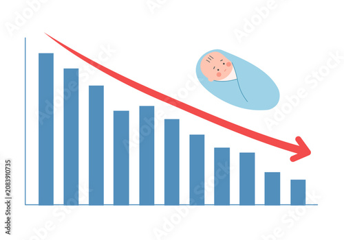 Newborn baby with descending chart. Birth rate decreasing concept. Vector Illustration