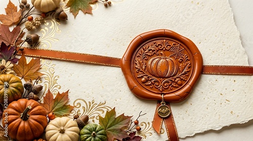 Vintage autumn-themed gift voucher with red wax seal, pumpkins, leaves, and dried flowers on rustic parchment background