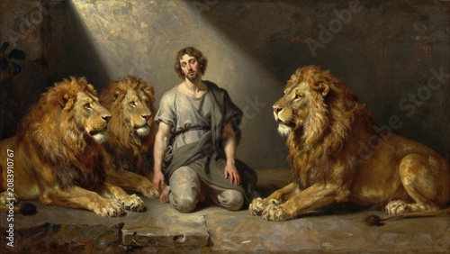 Daniel in the lions den under a beam of heavenly light, classical painting style