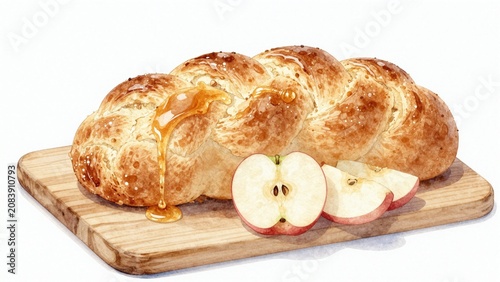 Round challah bread with honey and apples, watercolor illustration