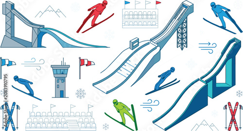 Quadro su tela Ski Jumping Vector Icon Set with Isometric Ramps, Skier Silhouettes, Winter Spor