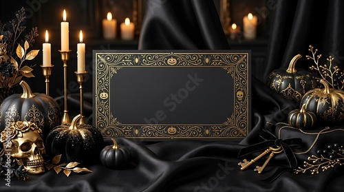 Elegant black and gold Halloween gift voucher template surrounded by candles, pumpkins, and skulls on dark silk backdrop
