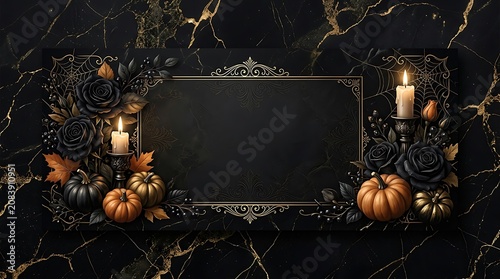 Elegant Halloween gift voucher template on dark marble background with glowing candles, pumpkins, and autumn leaves