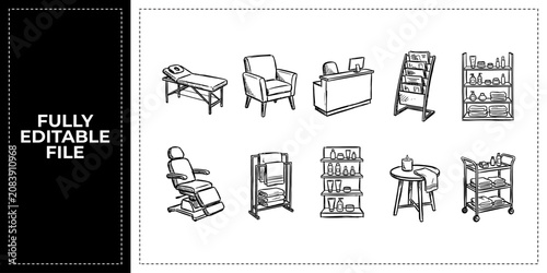Black ink scribble home office and interior furniture icon set bundle featuring hand drawn doodle sketch vector illustrations for renovation and apartment lifestyle branding.