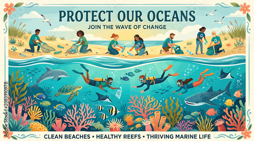 Fotografía Environmental illustration of volunteers cleaning beach and divers protecting coral reef marine life