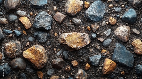 Top View Of Textured Dark And Golden Pebbles Scattered On Dark Sand Background