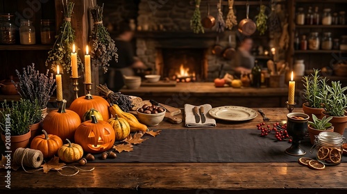 Rustic autumn harvest table setting with pumpkins, candles, and dried flowers in a cozy kitchen with warm lighting and vintage decor