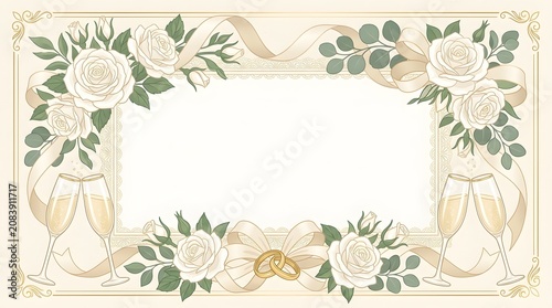 A luxurious horizontal wedding frame featuring white roses, gold ribbons, lace, and champagne glasses—perfect for premium wedding invitation designs.