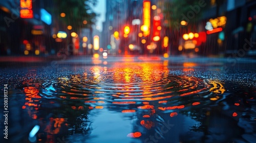 Rainy City Street At Night With Glowing Bokeh Lights Reflected In A Puddle