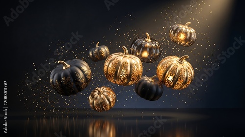 Floating golden and black glittering pumpkins with sparkles, dark background, Halloween decoration, festive atmosphere, luxury design, 3D render