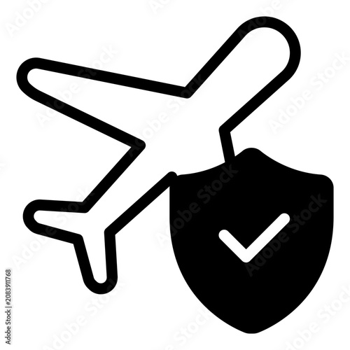 Flat style illustration of an airplane with a shield icon, symbolizing travel safety and protection.