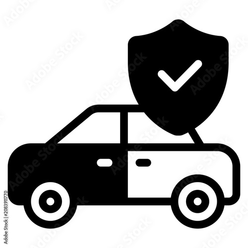 Flat vector illustration of a car with a shield and checkmark symbol, representing security, protection, and safety in digital or physical security contexts.