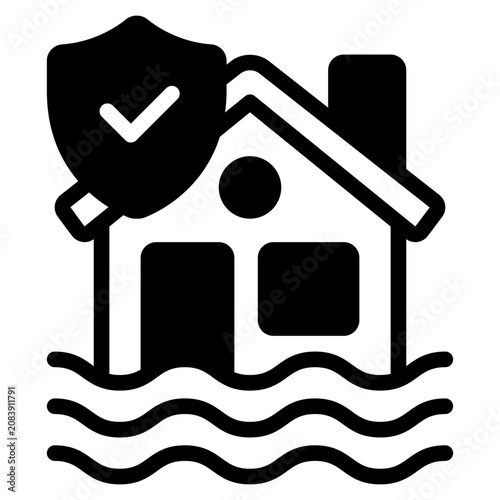 Flat illustration of a house with water and a shield symbolizing flood insurance protection.