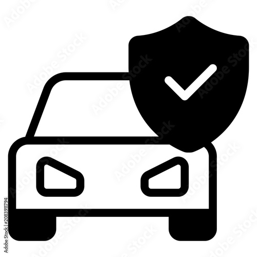 Flat style illustration of a car with a shield and check mark symbolizing protection or insurance.