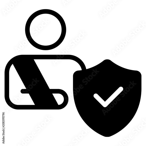 Flat illustration of a safety icon featuring a person with a seatbelt and a shield with a check mark, symbolizing protection.