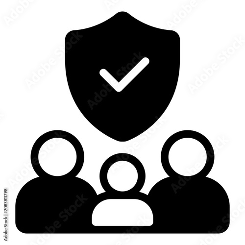 Flat style illustration of a family icon with a shield and checkmark symbolizing protection and security.