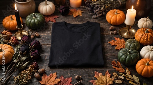 Black t-shirt mockup on rustic wooden table with autumn pumpkins, candles, and fall leaves for cozy Halloween display