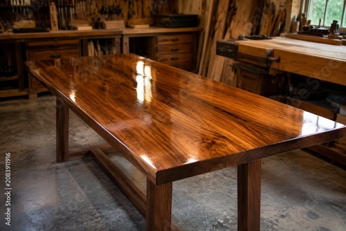 A beautifully crafted wooden table with a smooth, reflective varnished surface.