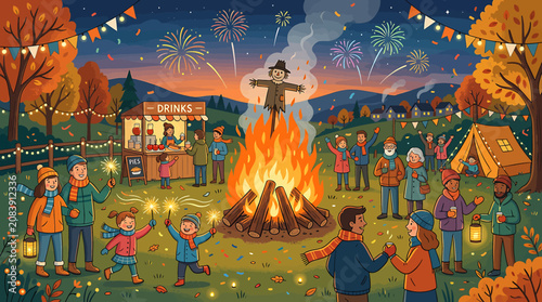 Canvas Print Guy Fawkes Night Celebration with Large Bonfire Fireworks and People in Autumn Park
