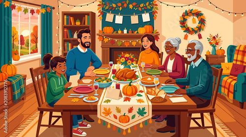Canvastavla Multigenerational family enjoying traditional Thanksgiving dinner together in a cozy decorated home