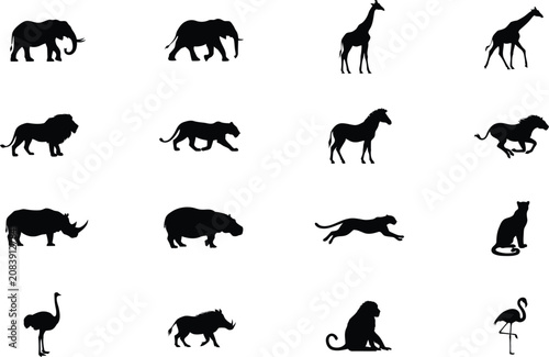 Canvas Print Silhouette wild animals collection featuring African safari wildlife including e