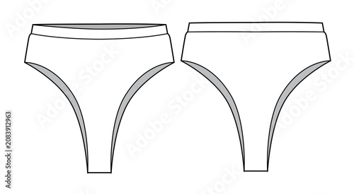 High waist bikini bottom technical flat drawing vector mockup illustration.