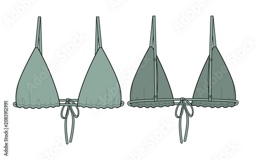 Swim triangle bikini vector design mockup template technical flat drawing.