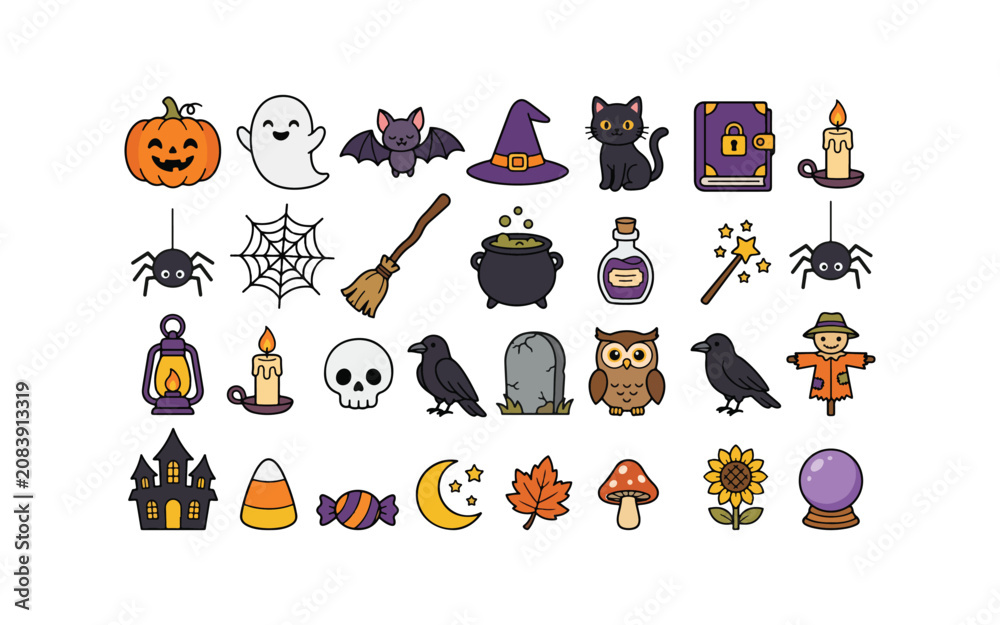 Fototapeta premium Halloween black cat stickers cute cartoon cats in spooky scenes for halloween decorations and party supplies