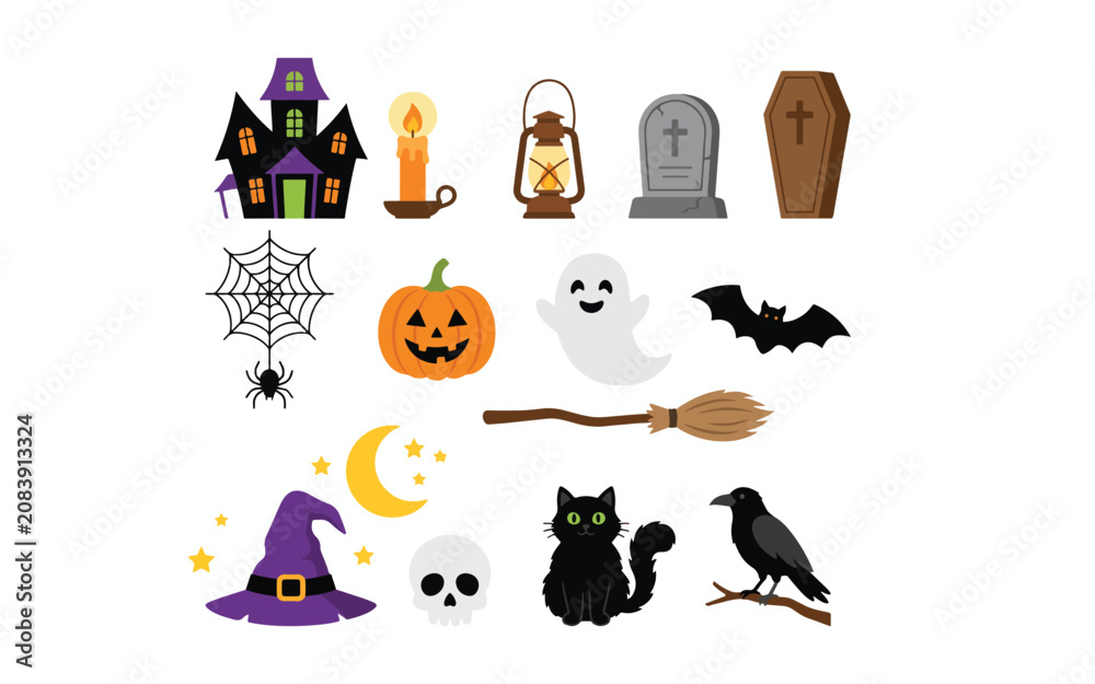 Fototapeta premium Halloween icons and symbols for kids and adults spooky and cute illustrations