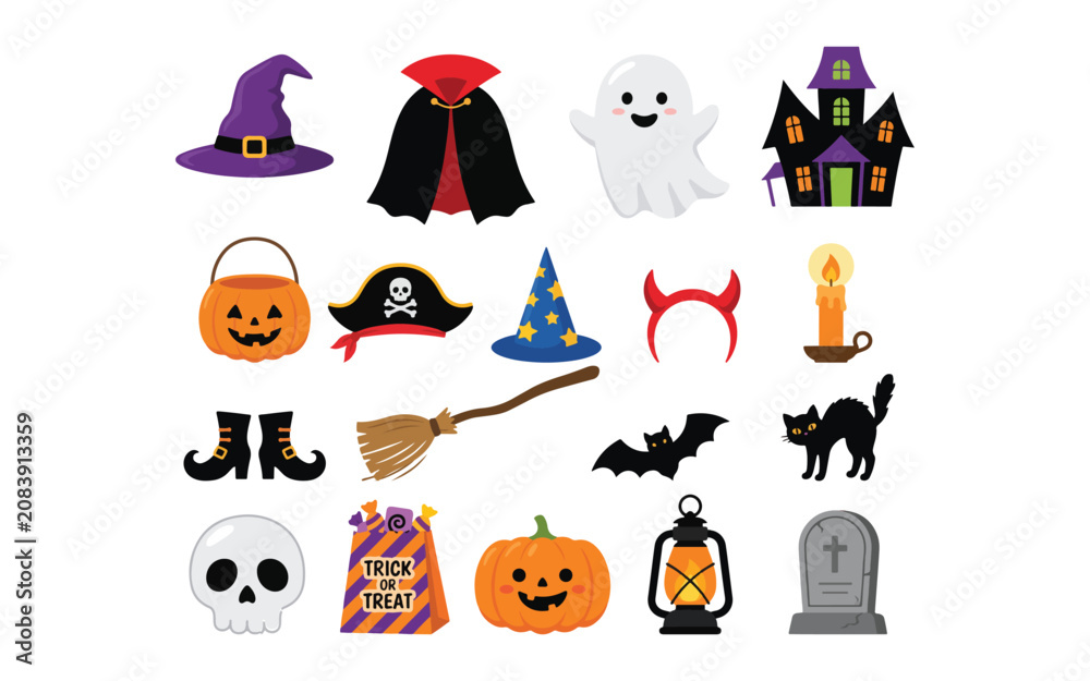 Fototapeta premium Halloween icons and symbols for kids party decorations and activities