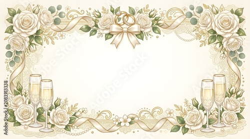 A luxurious horizontal wedding frame featuring white roses, golden ribbons, wedding rings, and champagne flutes, perfect for elegant wedding invitation designs.