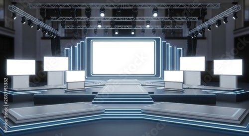 A futuristic stage setup with a large blank screen and multiple smaller screens on either side, all with blue neon outlines