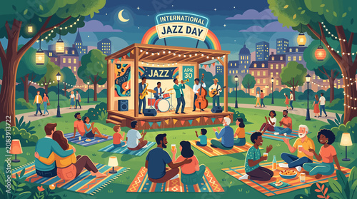 Photography International Jazz Day celebration with live band performing on outdoor stage in city park at night