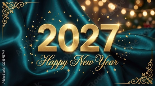 Golden 2027 new year celebration with teal drapery and sparkling bokeh background